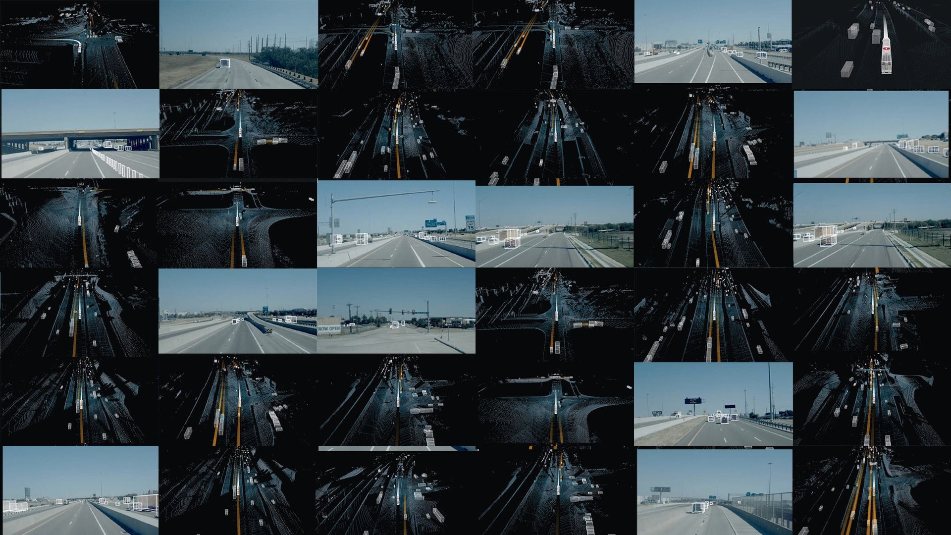 A Torc autonomous Freightliner Cascadia rendered as a lidar point cloud on an open highway